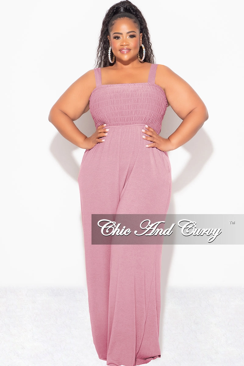Final Sale Plus Size Sleeveless Shirred Jumpsuit in Dusty Rose Elastic Free Cuffs