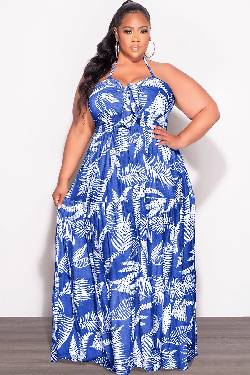 Final Sale Plus Size Halter Tiered Dress in Royal Blue and White Leaf Print Curved Waistline Flexible Comfort