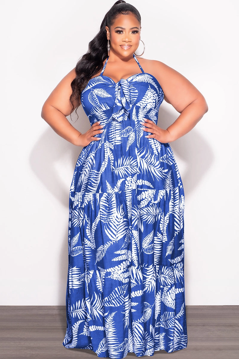 Final Sale Plus Size Halter Tiered Dress in Royal Blue and White Leaf Print Heat Control