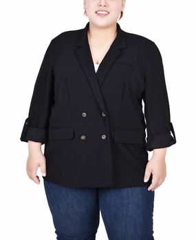 SecurePockets Drop Shoulder Cut Plus Size Long Sleeve Double Breasted Crepe Jacket