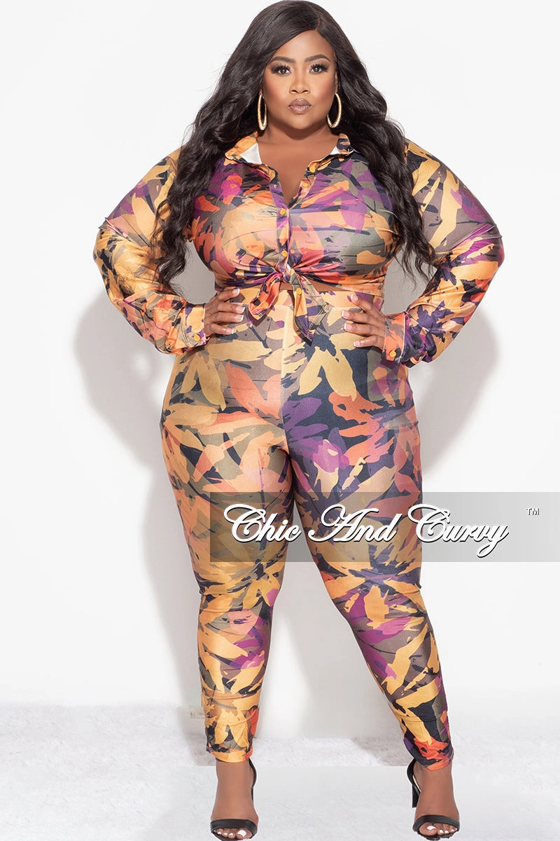 Fit Comfort Final Sale Plus Size 2pc Button Up Collar Top and Pants Set in Mustard Multi Color Design Print