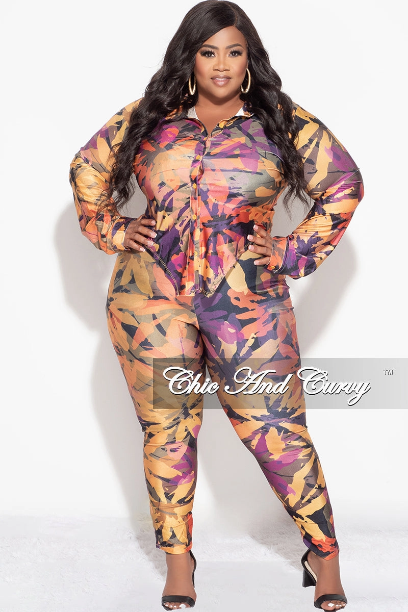 Final Sale Plus Size 2pc Button Up Collar Top and Pants Set in Mustard Multi Color Design Print Workout Ready