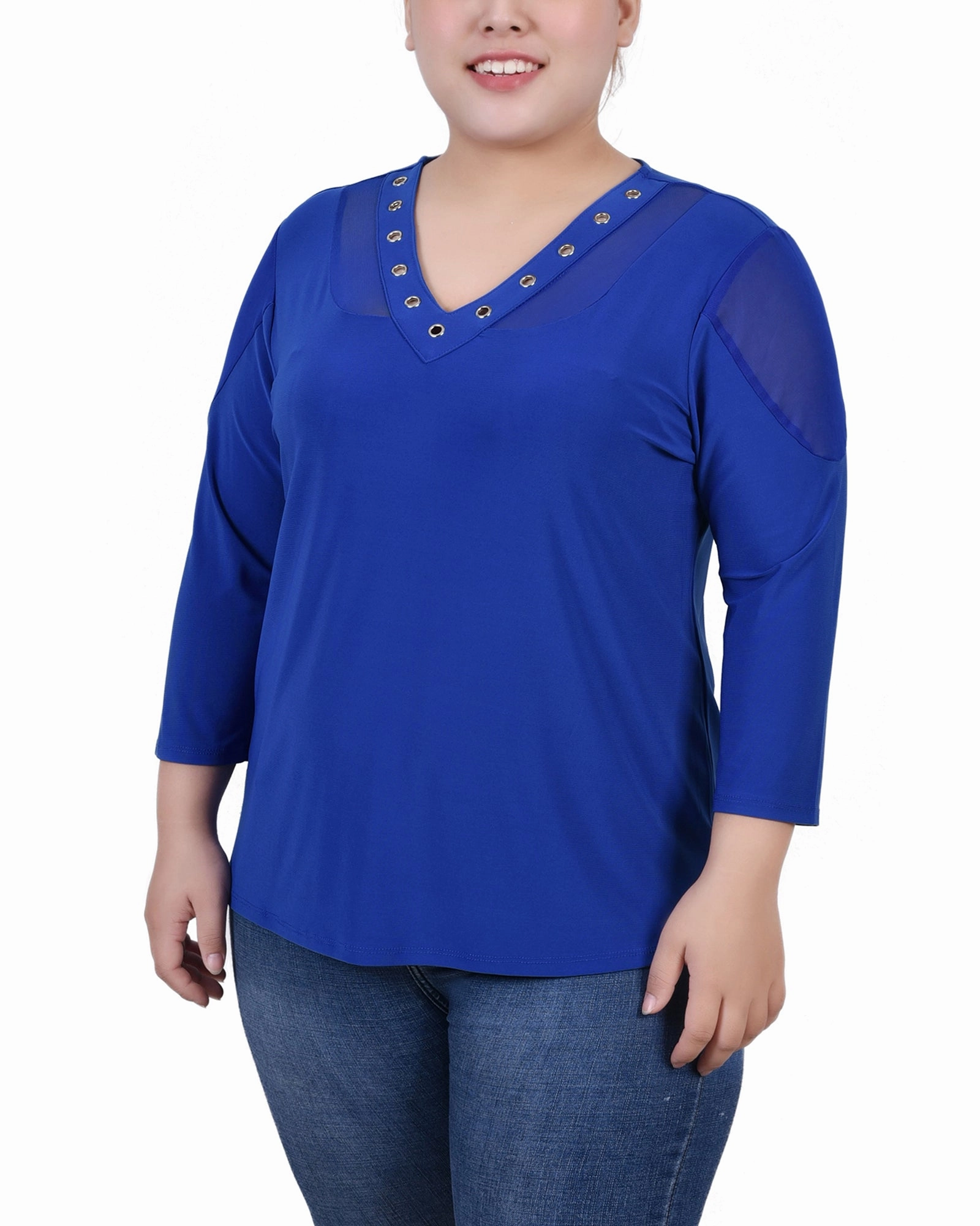 Printed Blouse Ribbed Knit Fabric Plus Size Long Sleeve Top With Mesh Insets