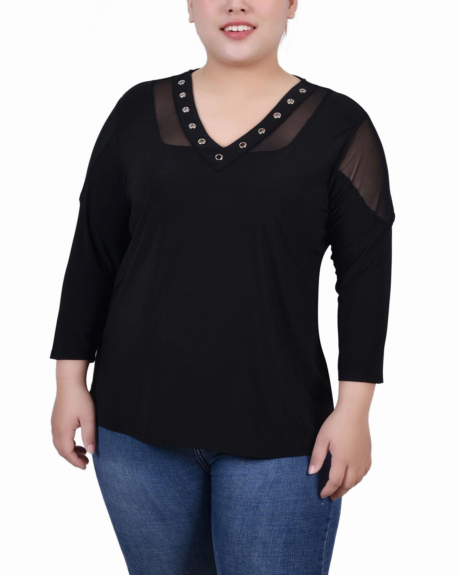 Contoured Side Panels Plus Size Long Sleeve Top With Mesh Insets