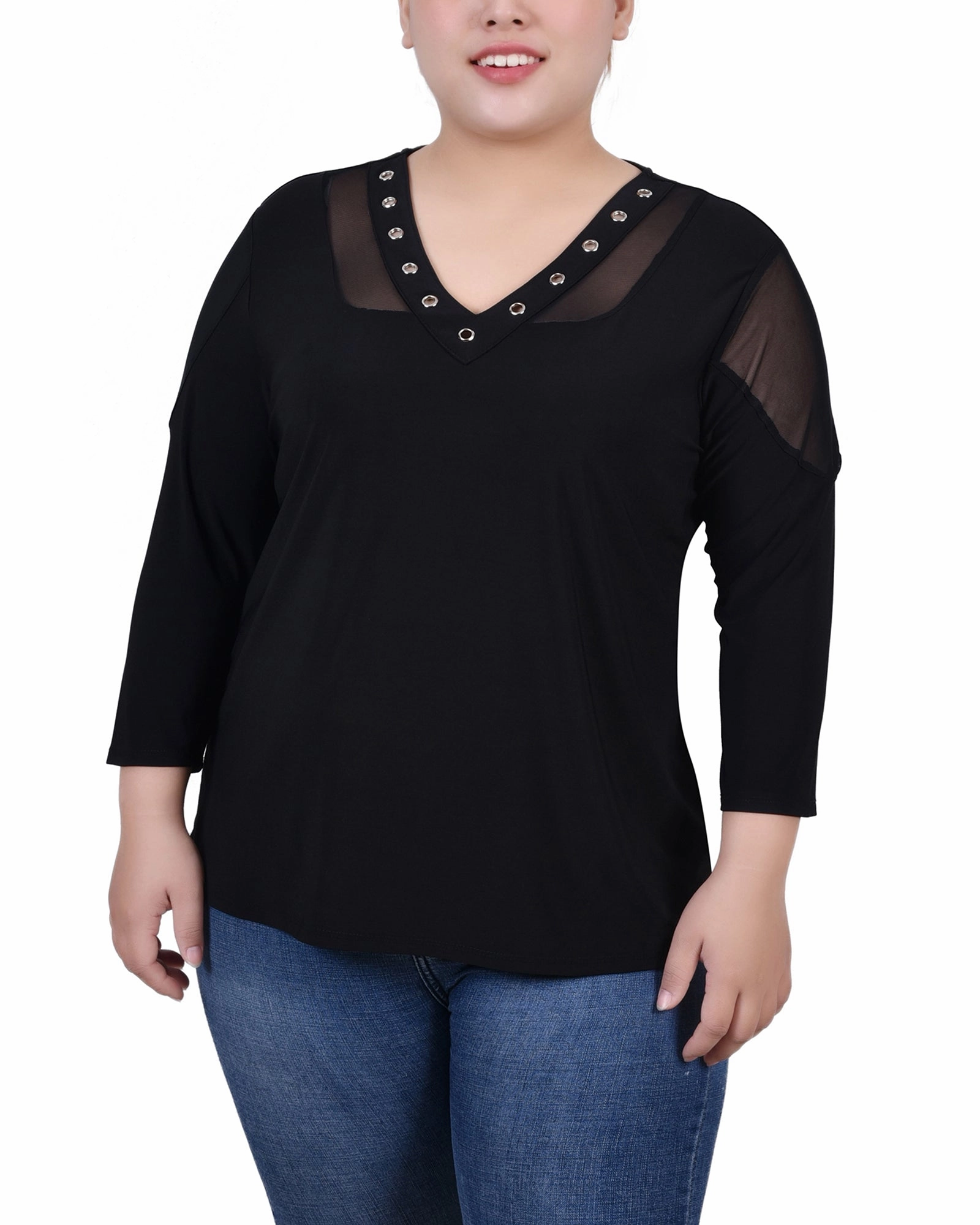 Plus Size Long Sleeve Top With Mesh Insets Layered Collar Design NonIrritatingStitching