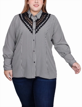 Plus Size Long Sleeve Crochet Trimmed Blouse TaglessCollars