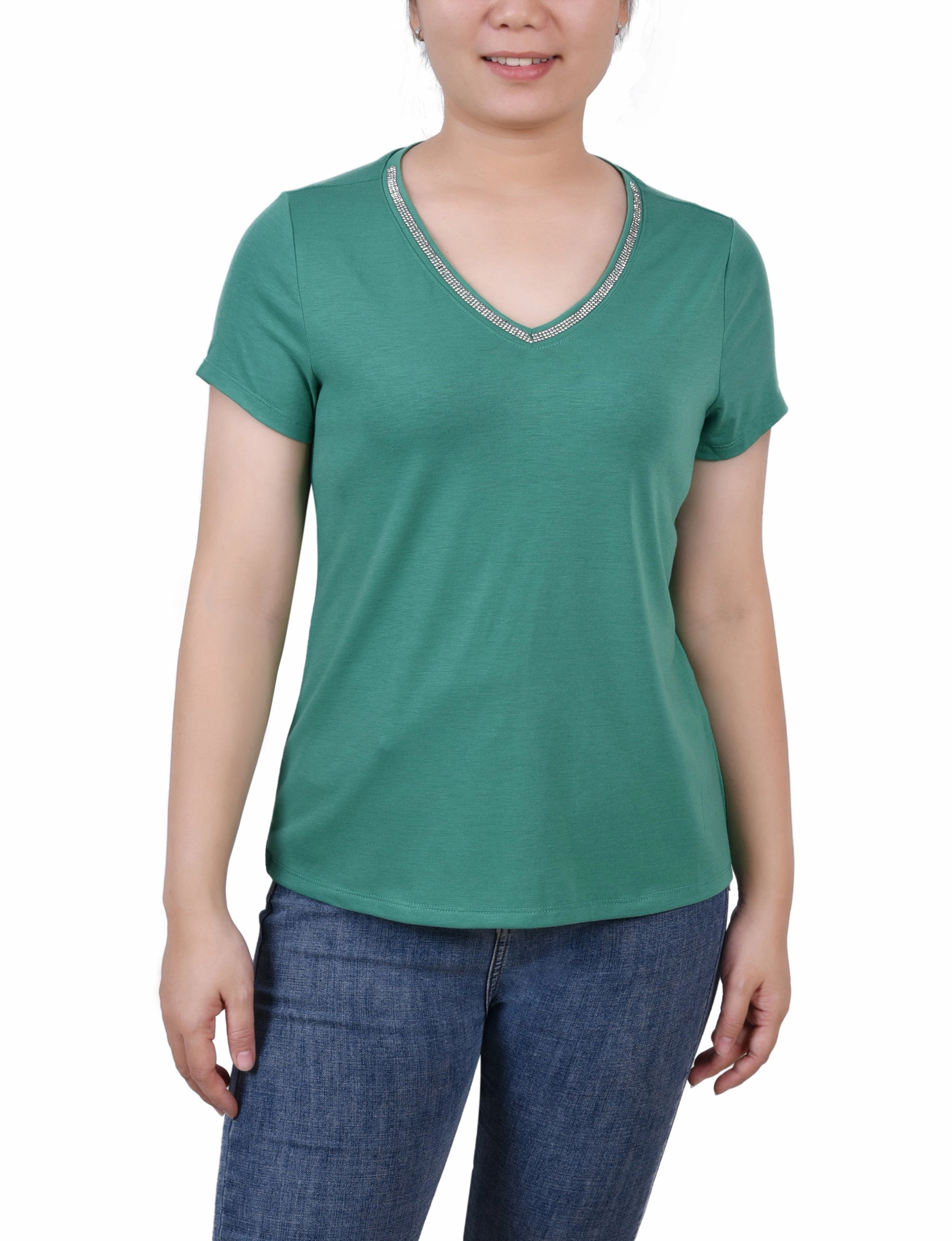 FadeResistant Non Iron Fabric Short Sleeve Top With Stone Details