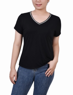 Short Sleeve Top With Stone Details Compact Weave Fabric