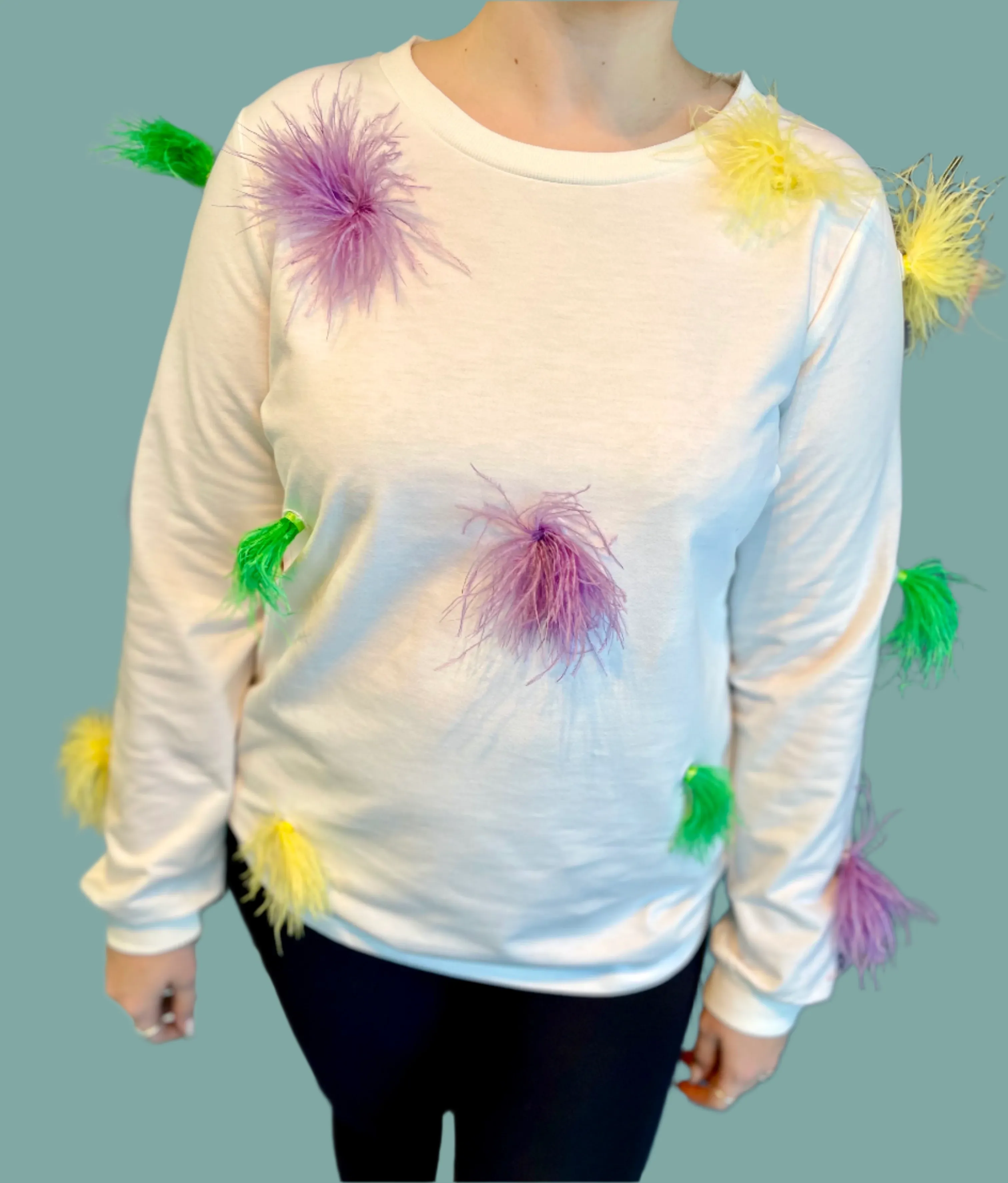 MultiDirectionalStretch Stretch Knit Material Faux Feather Trim Top