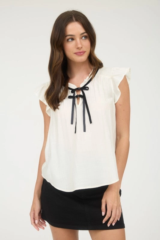 Recycled Polyester Fabric Georgia Contrast Front Tie Detail Short Sleeve Blouse