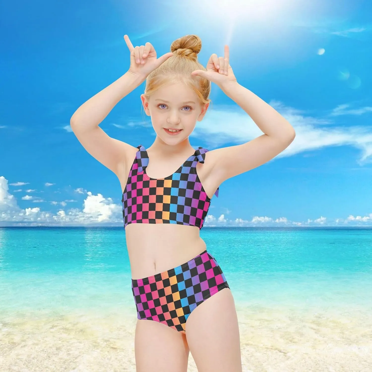 Wusikd Black Rainbow Girls Swimsuits Two Piece Squares Checkered Swimwear Bikini Set for for Girls Size 3T