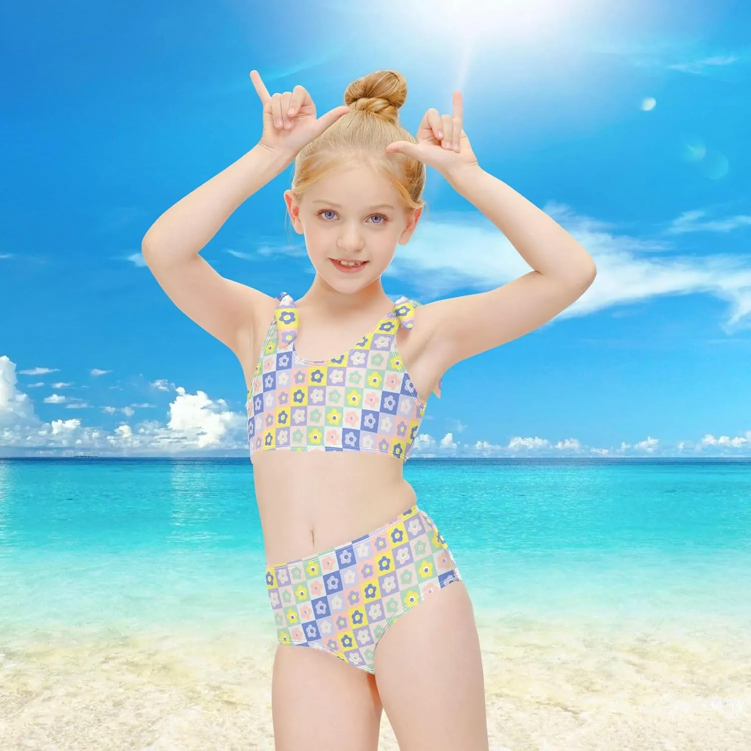 Wusikd Black Rainbow Girls Swimsuits Two Piece Squares Checkered Swimwear Bikini Set for for Girls Size 3T