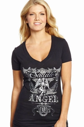 Cowgirl Up Womens Black Cotton S/S T-Shirt Saddle Angel V-Neck Year-Round Wear Abrasion Resistant Edges