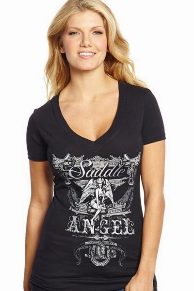 Cowgirl Up Womens Black Cotton S/S T-Shirt Saddle Angel V-Neck Year-Round Wear Abrasion Resistant Edges