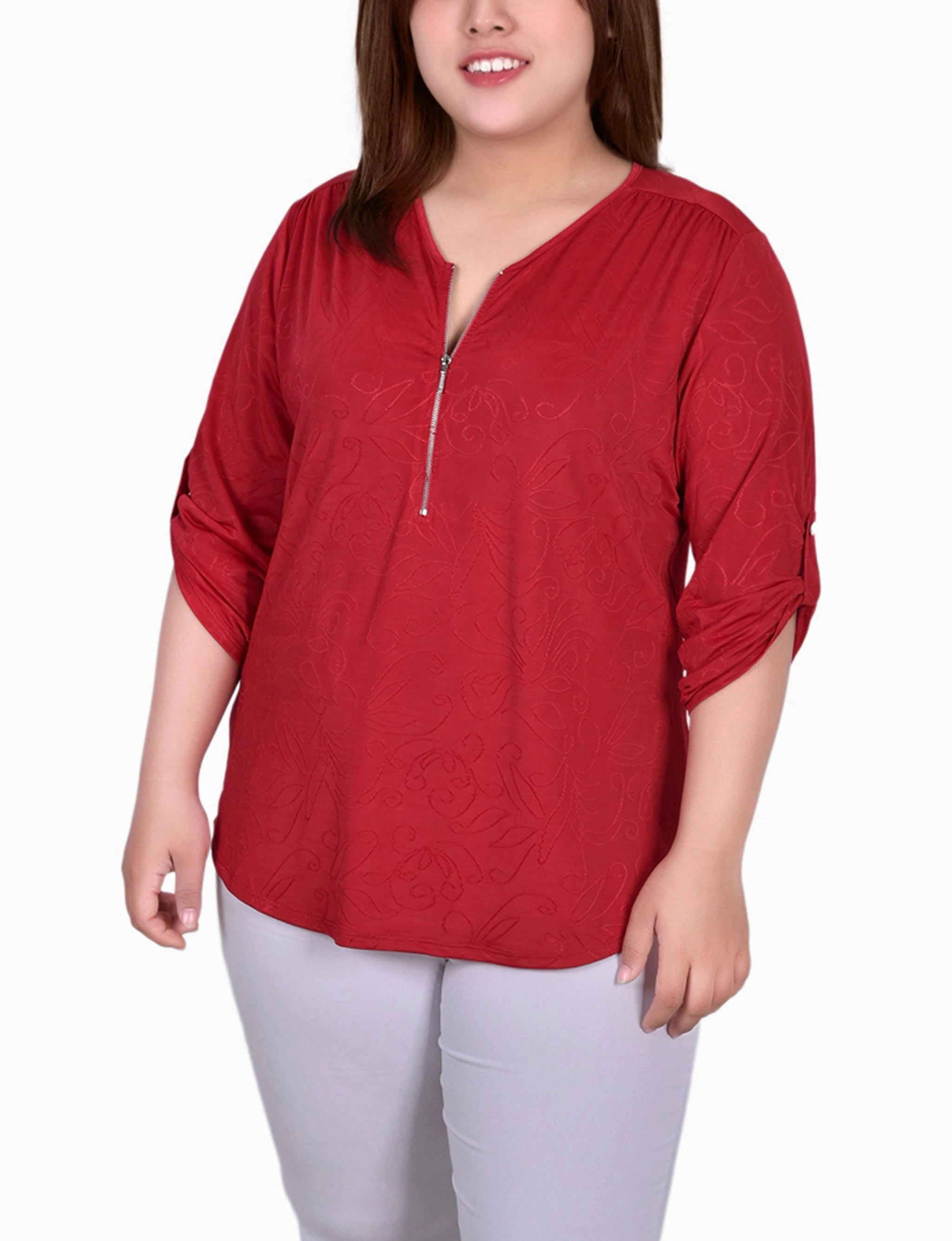 Flatlock Seam Design Torsion Support Structure Plus Size 3/4 Roll Tab Zip Front Jacquard Knit Top
