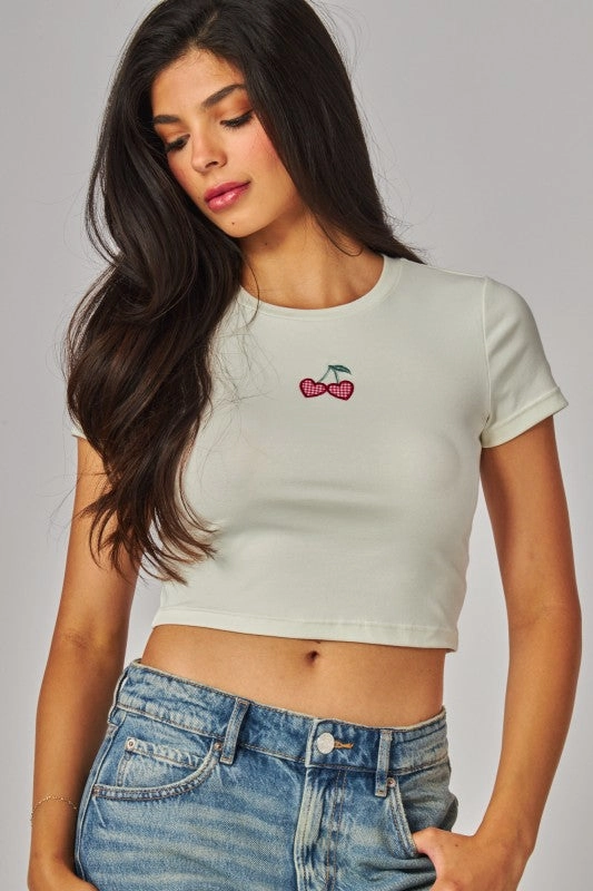 VentilatedBackPanel WideNeckOpening Heart Cherry Patch Crop Top Tee