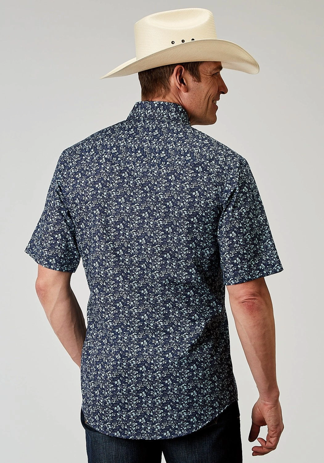 Breathable back panel Retro Vibe Roper Mens 1962 Ditsy Floral Blue Cotton Blend S/S Shirt