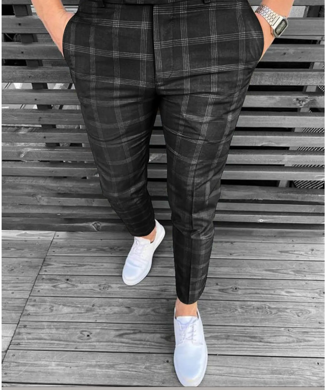 Ymosrh Men's Chino Pants Regular Dress Pants Slim Fit Plaid Pants Business Suit Casual Golf Mens Exercise XXL