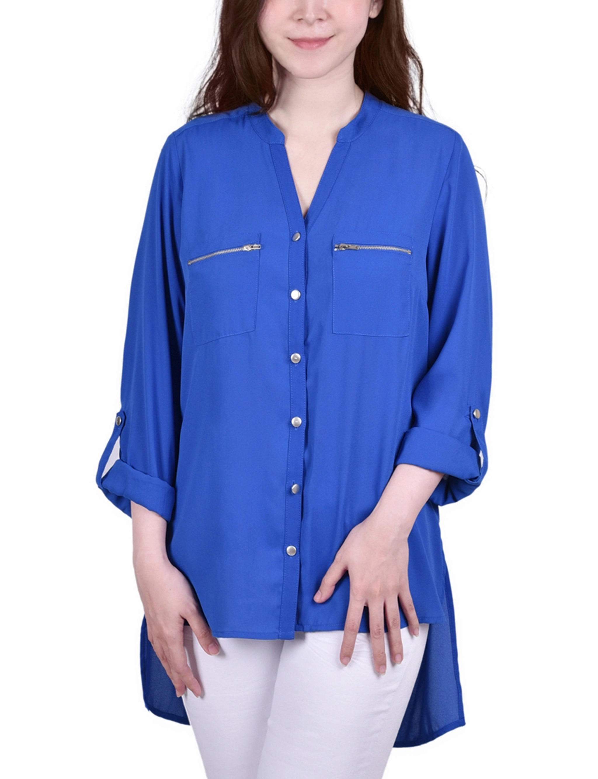 Roll Tab Sleeve Mandarin Collar Blouse With Zippered Pockets Breathable Underarm Gussets