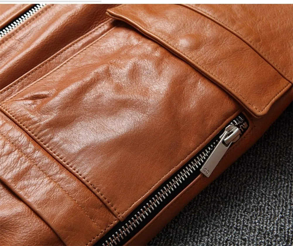 Youllyuu Men Cowhide Leather Motorcycle Biker Jackets Multi Pockets Zipper Genuine Leather Bomber Overcoats