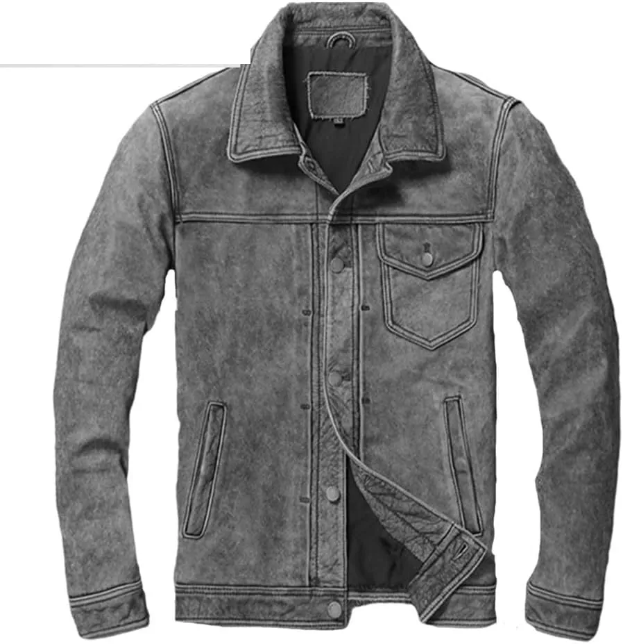 Youllyuu Men Vintage Genuine Leather Distressed Motorcycle Jackets Slim Fit Button Biker Overcoats
