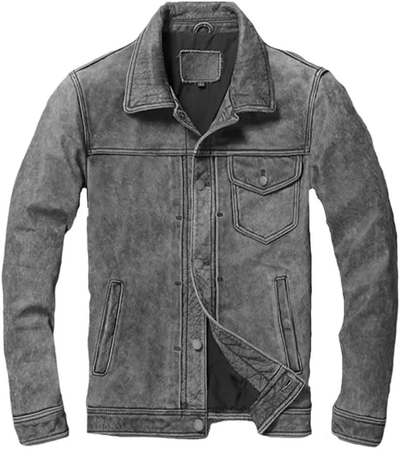 Youllyuu Men Vintage Genuine Leather Distressed Motorcycle Jackets Slim Fit Button Biker Overcoats