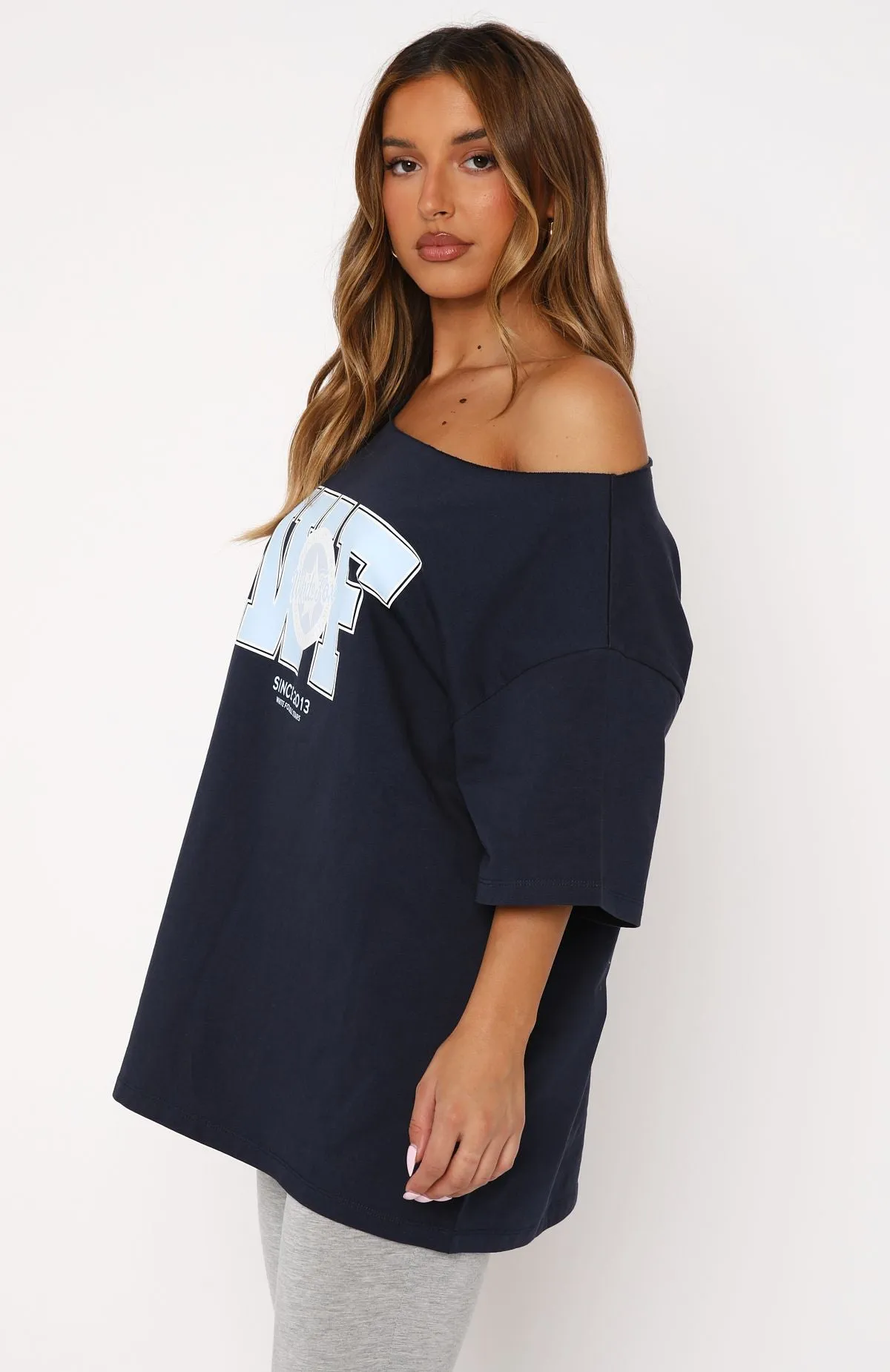 Your Favourite View Off Shoulder Oversized Tee Navy MicroPerforated Details All Season Wear Fabric