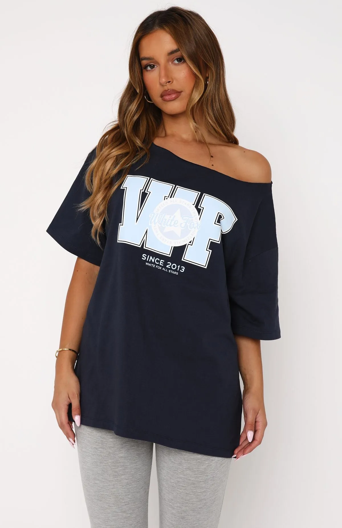 Your Favourite View Off Shoulder Oversized Tee Navy WrinkleFree Structure Wool Sweater