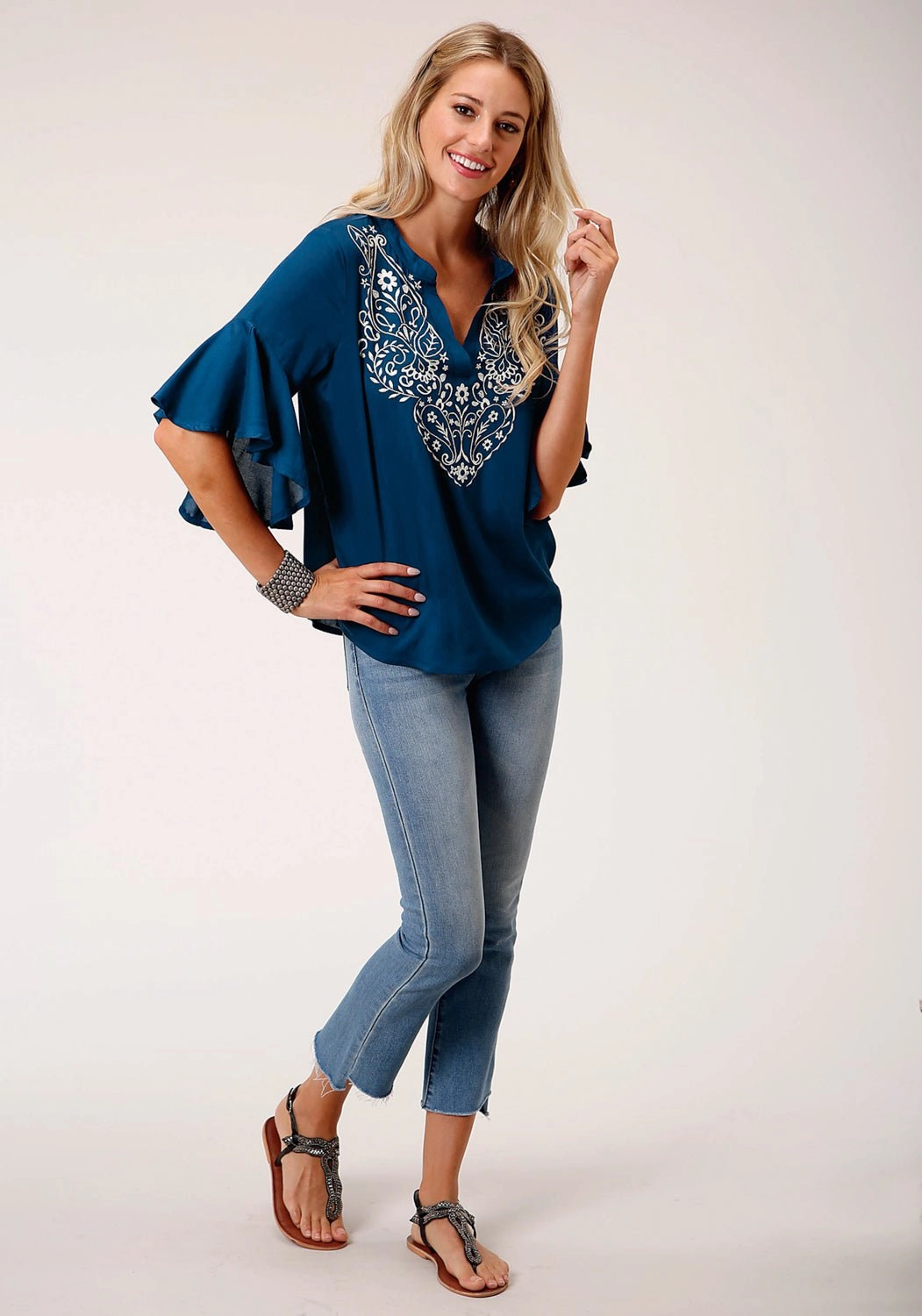 Wrinkle Resistant Roper Womens Blue Rayon/Nylon Paisley Floral S/S Blouse