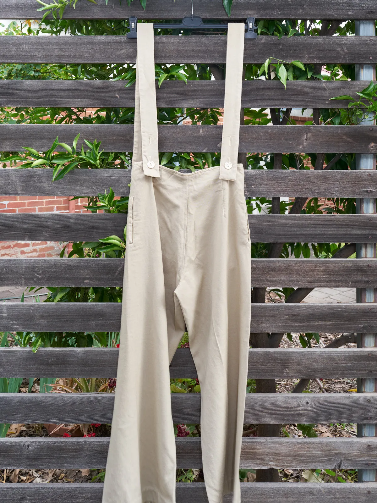 Y's Yohji Yamamoto beige wool wide leg suspender trousers - womens M