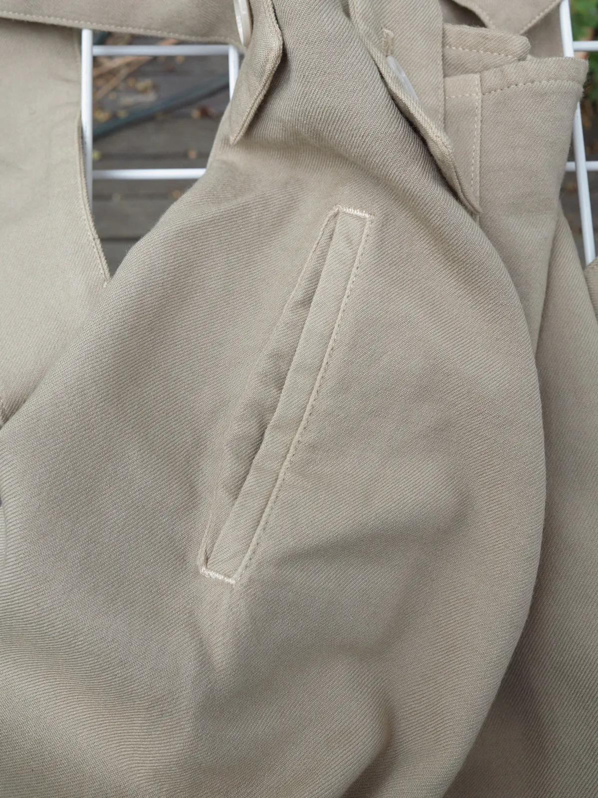 Y's Yohji Yamamoto beige wool wide leg suspender trousers - womens M