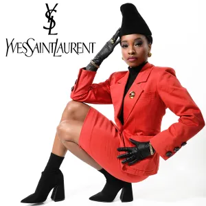 YVES SAINT LAURENT Vtg 2pc Ysl Power Shoulder Blazer Skirt Suit Set S M