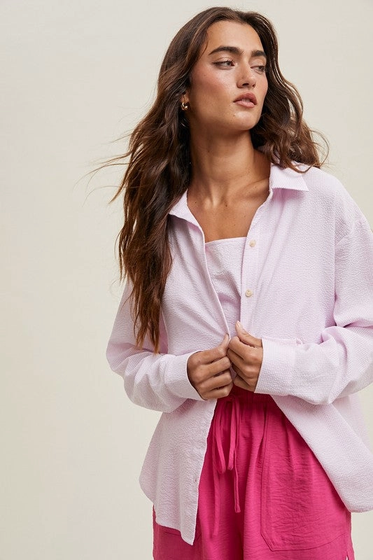 Button Down Collar High Collar Design ZARIAH TEXTURED STRIPED BUTTON-UP SHIRT