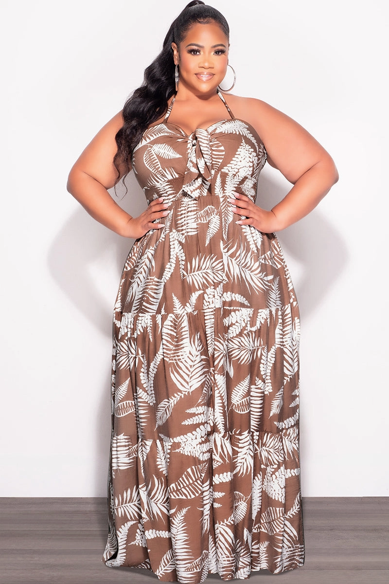 Dynamic Flex Panels Clean Cut Final Sale Plus Size Halter Tiered Dress in Brown and White Leaf Print