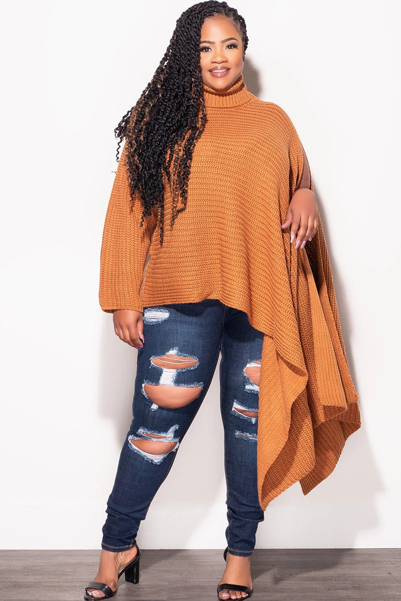 Breathable back panel Final Sale Plus Size One Shoulder Turtleneck Sweater Poncho in  Rust