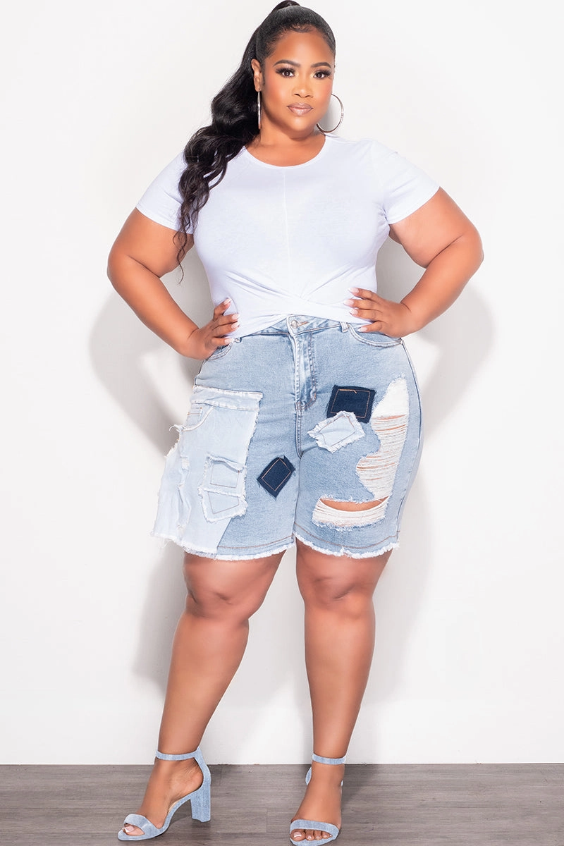 ExpandableSidePanels Smooth Finish Final Sale Plus Size Patchwork Shorts in Light Denim