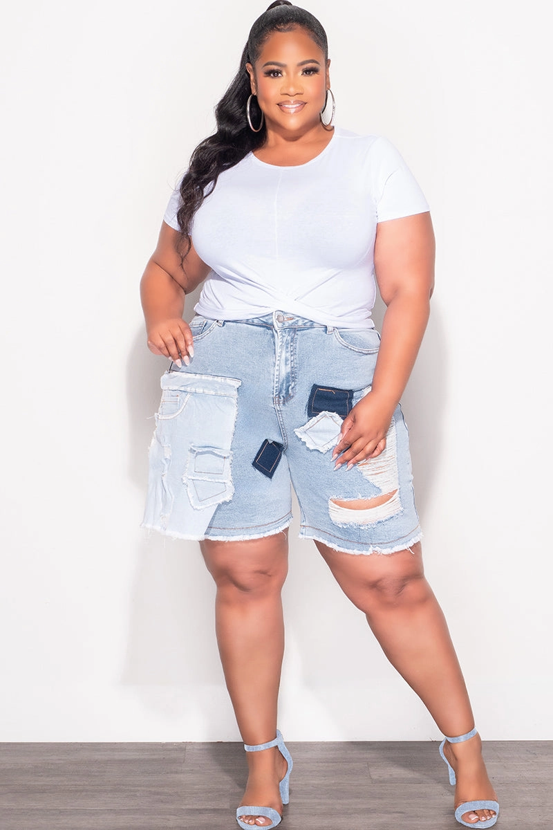 Final Sale Plus Size Patchwork Shorts in Light Denim ElasticCuffs MultiPocket