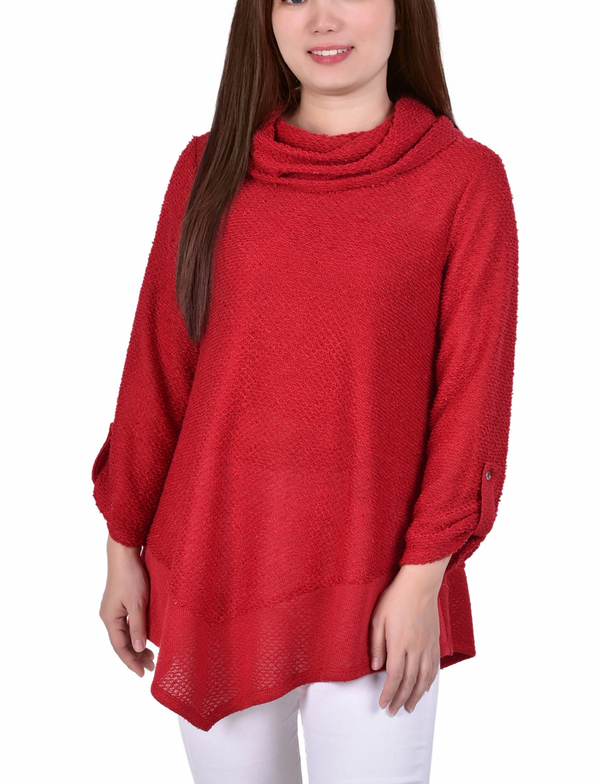Button Down Collar Petite Long Roll Tab Sleeve Nubby Cowl Neck Top