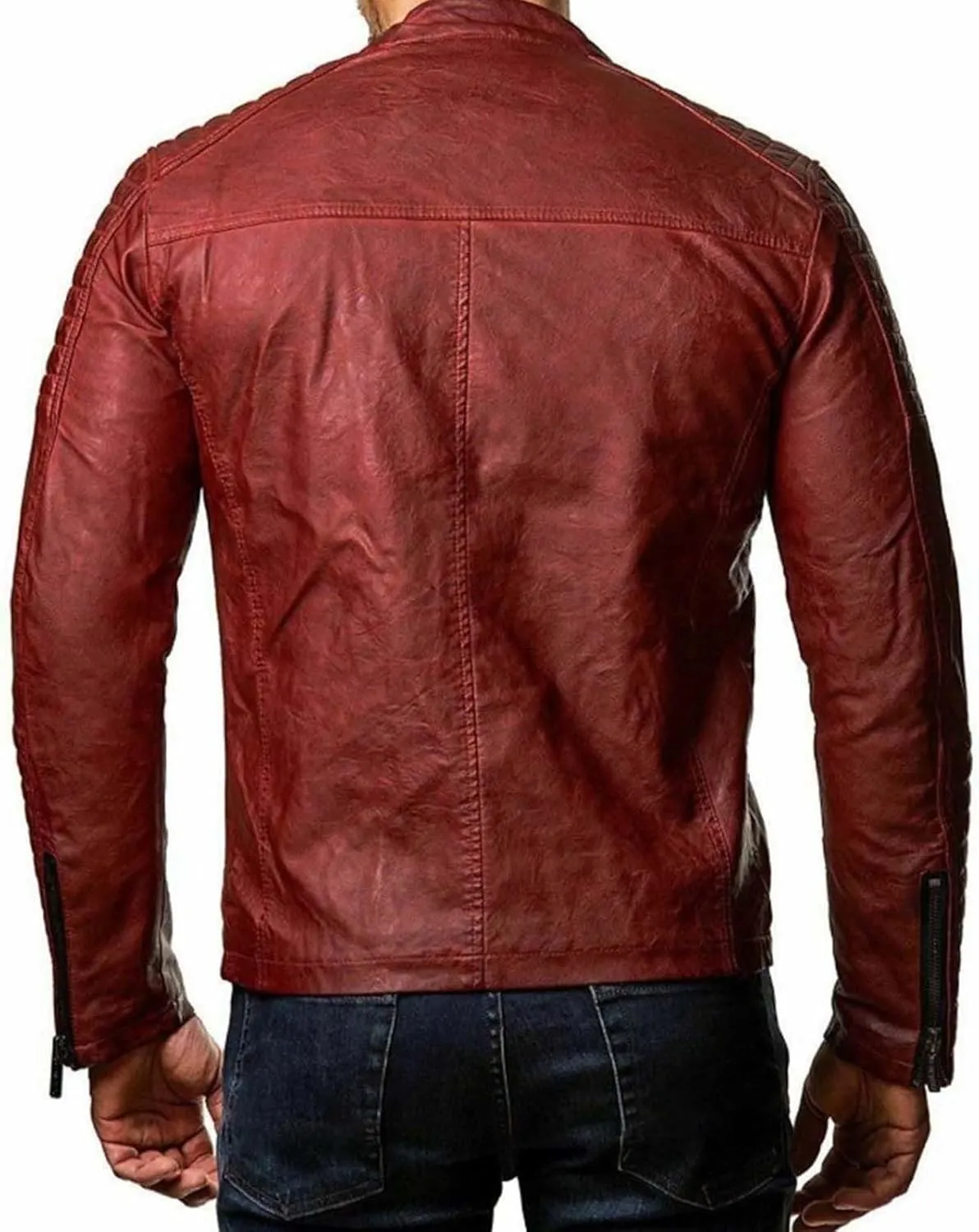 Zip Up Leather Jacket for Men Vintage Lightweight Stand Collar Bomber Jacket Coat Motorcycle Jacket Outerwear