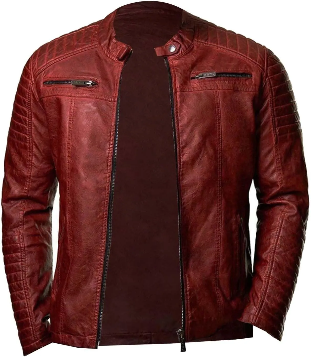 Zip Up Leather Jacket for Men Vintage Lightweight Stand Collar Bomber Jacket Coat Motorcycle Jacket Outerwear
