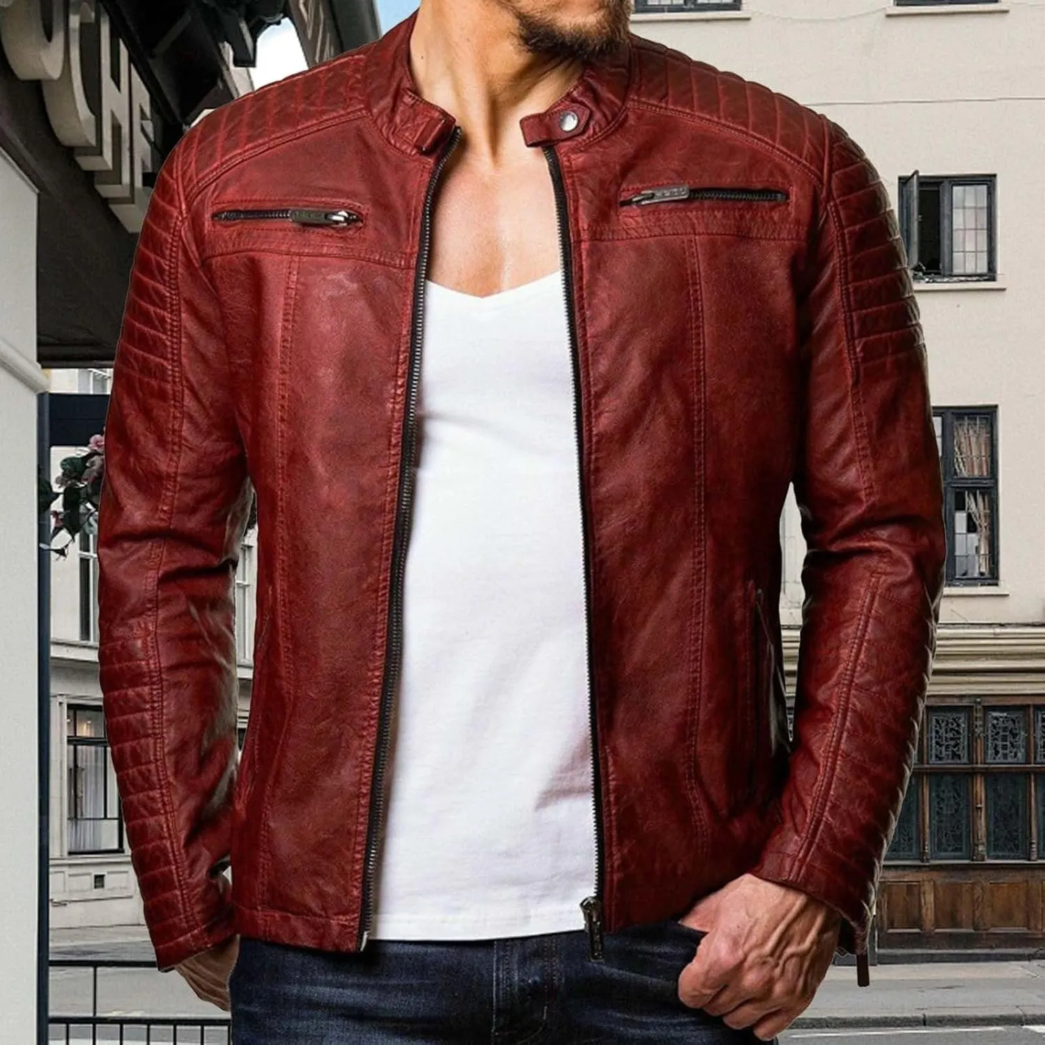 Zip Up Leather Jacket for Men Vintage Lightweight Stand Collar Bomber Jacket Coat Motorcycle Jacket Outerwear