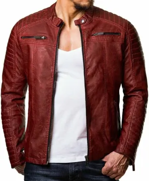 Zip Up Leather Jacket for Men Vintage Lightweight Stand Collar Bomber Jacket Coat Motorcycle Jacket Outerwear