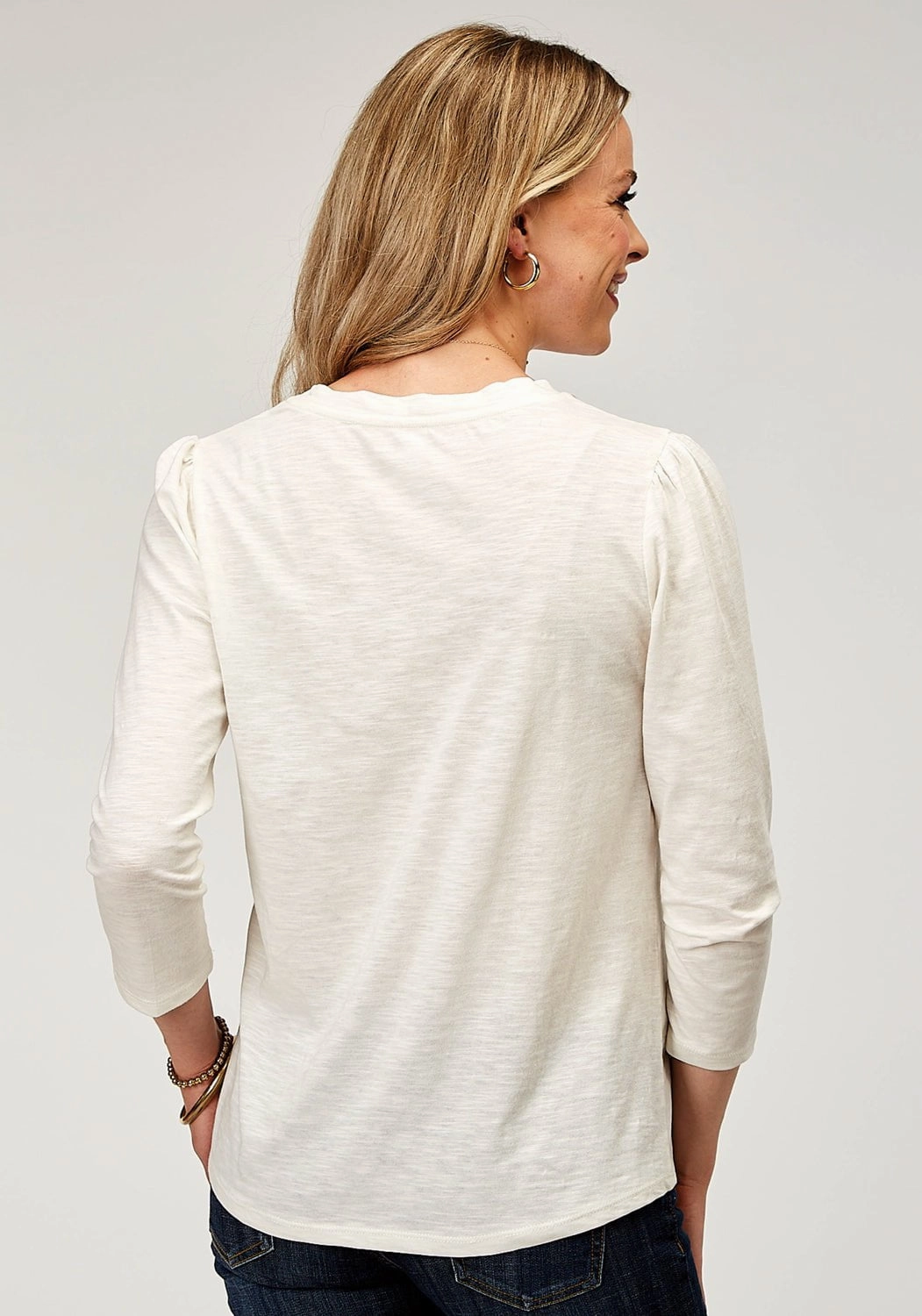 Roper Womens Embroidered Yokes Cream 100% Cotton S/S Tunic Ruffle Edge