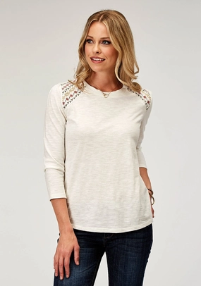 Roper Womens Embroidered Yokes Cream 100% Cotton S/S Tunic Holiday Outfit Stylish Appearance