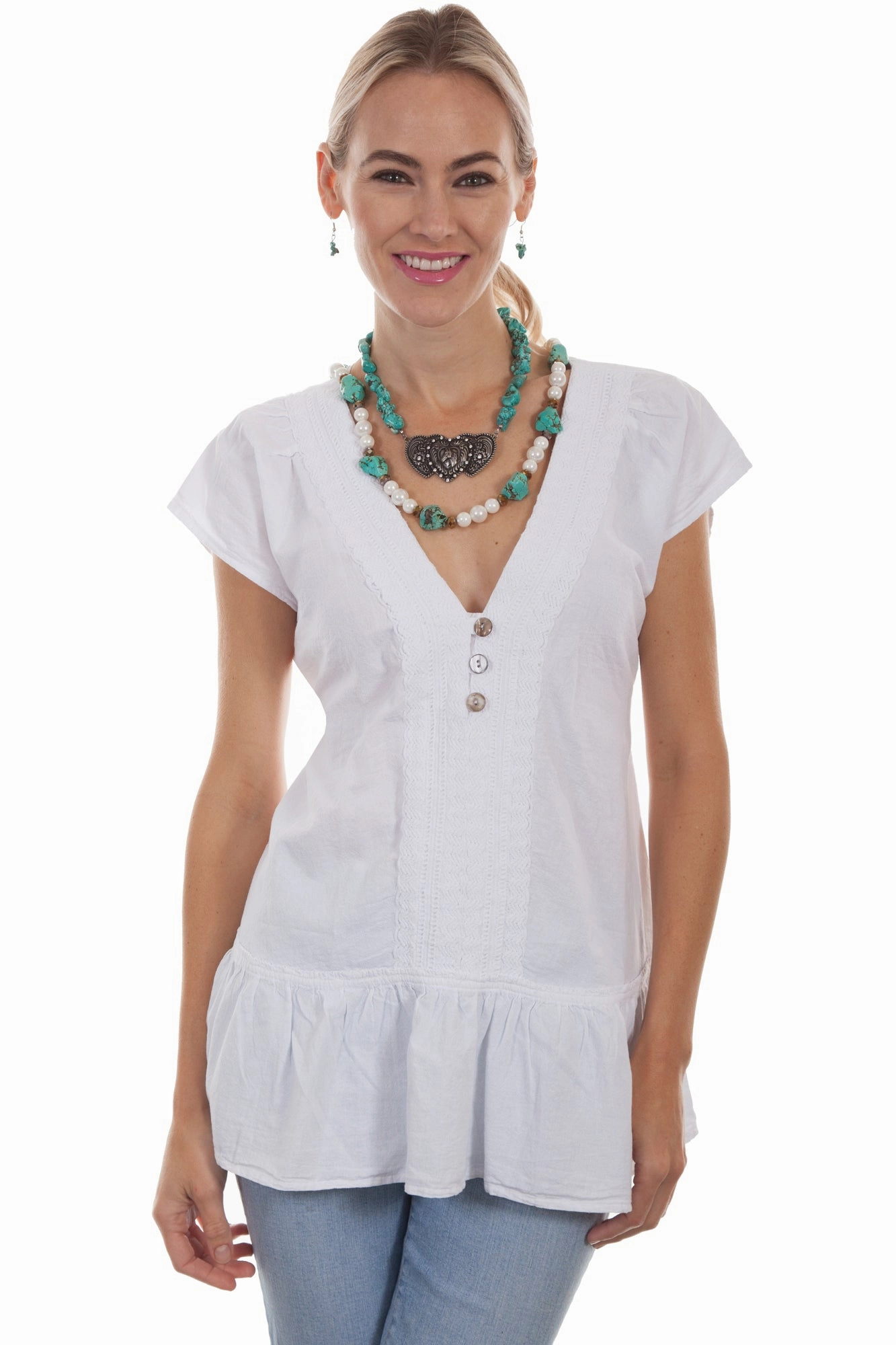BBQ Party Scully Womens White 100% Cotton V-Neck S/S Tunic