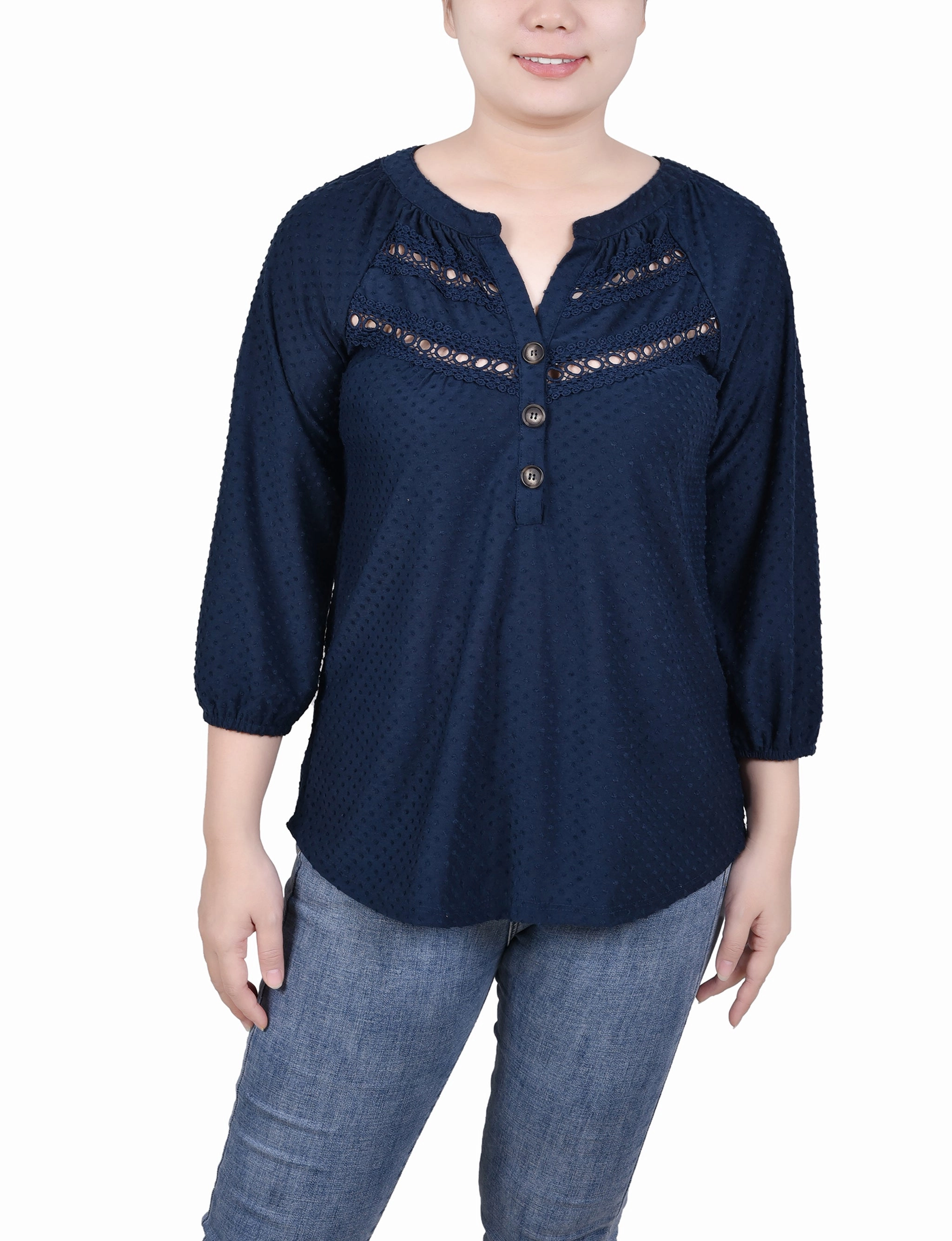 NonIrritatingTags Flatlock Seam Petite 3/4 Sleeve Swiss Dot Top