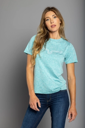 Kimes Ranch Womens Outlier Tech Tee Light Blue Heather Cotton Blend S/S T-Shirt Wardrobe Staple