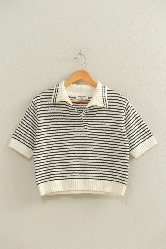 Zoe Striped Collared Short Sleeve Knit Top FlexibleElasticatedEdging
