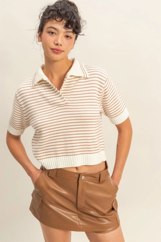 Contrast Stitching Outdoor Apparel Zoe Striped Collared Short Sleeve Knit Top