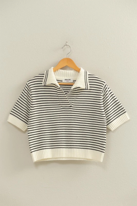AntiPill Texture Zoe Striped Collared Short Sleeve Knit Top